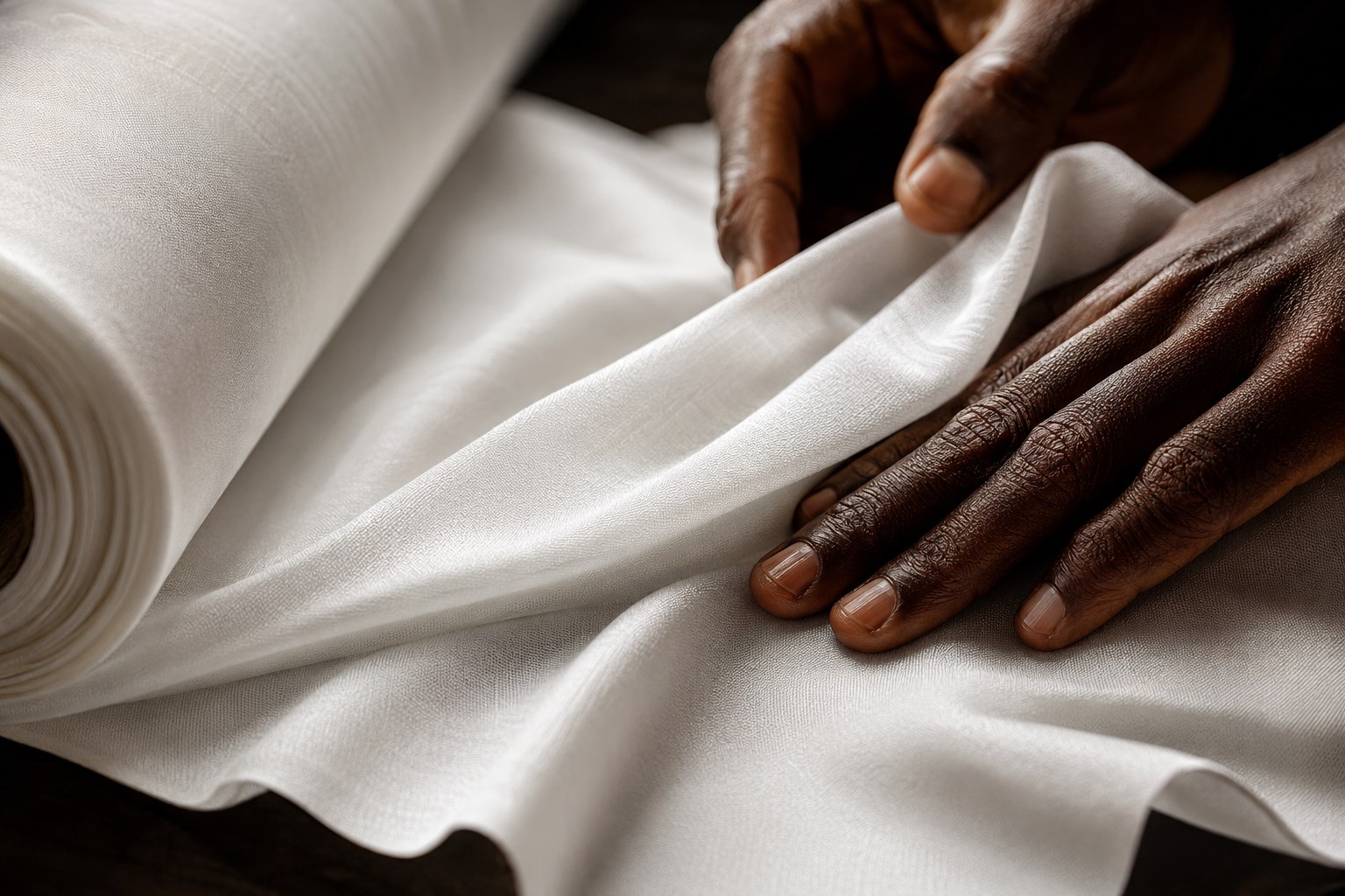Hands smoothing a bolt of white Egyptian cotton