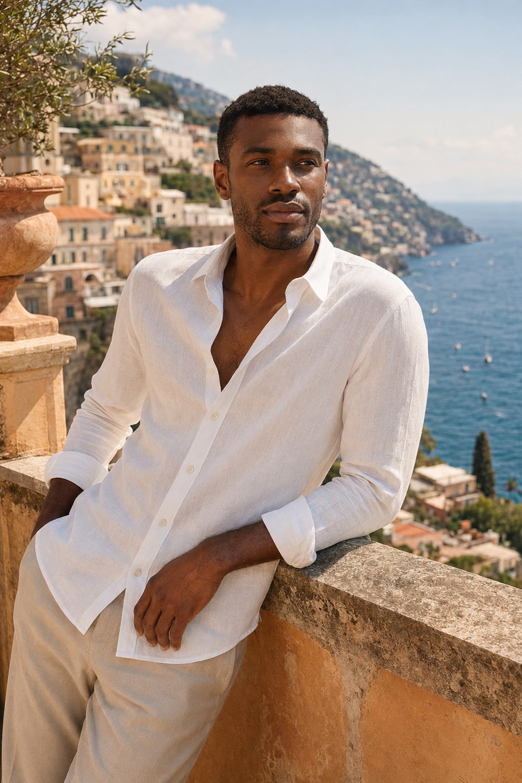 A man in a crisp white M&H shirt on a Mediterranean terrace