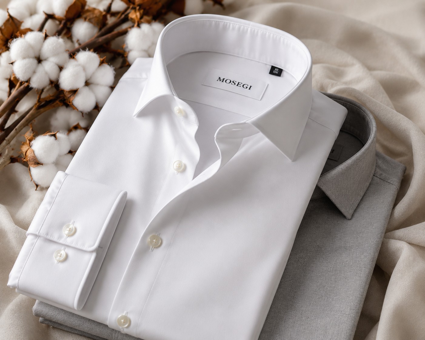A folded white M&H Egyptian cotton dress shirt with cotton bolls