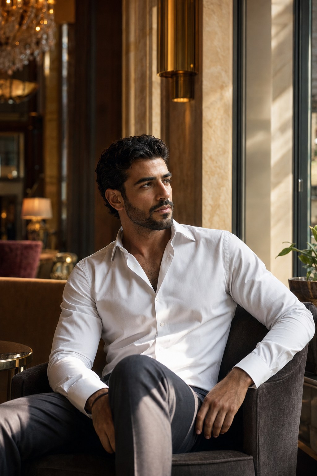 A man in the Essential White poplin shirt