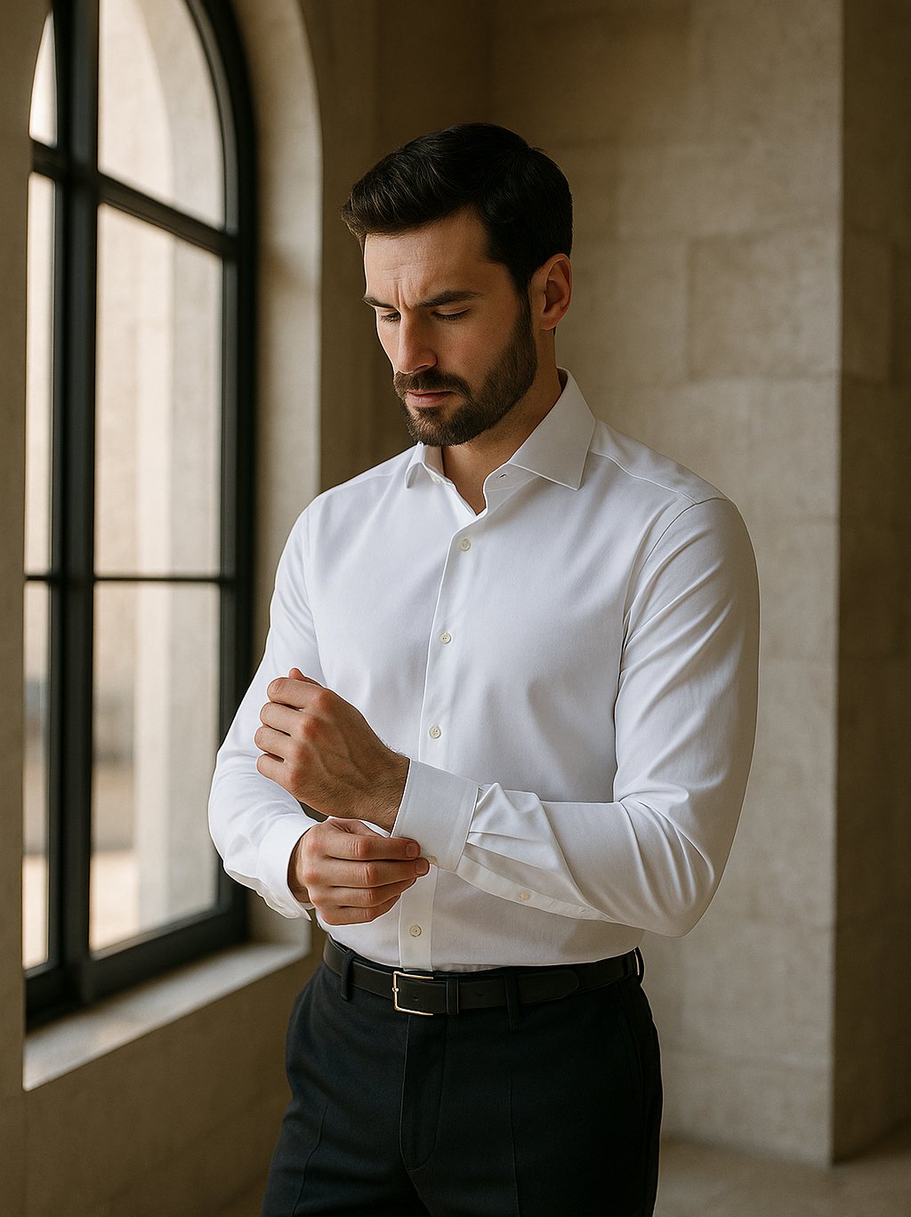 A man fastening a French cuff on an M&H shirt
